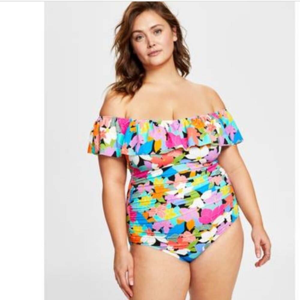 Swim Solutions Plus Size Tummy Control Off-the-Shoulder Ruffled Swimsuit